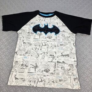 Batman Comic Strip Raglan T-Shirt Boys XL 14/16 Black White All Over Print Tee